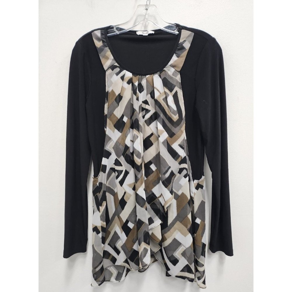 M.I.K.O. Womens Tunic Top Medium Black Tan Chiffon Abstract Overlay Long Sleeve